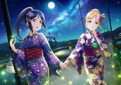 Rule 34 | 10s, 2girls, bag, bagged fish, blonde hair, blue hair, blush, embarrassed, fish, flower, goldfish, hair flower, hair ornament, highres, holding hands, japanese clothes, kimono, long hair, looking at another, love live!, love live! school idol festival, love live! sunshine!!, matsuura kanan, milky way, moon, multiple girls, official art, ohara mari, open mouth, ponytail, purple eyes, sash, sky, smile, star (sky), star (symbol), starry sky, stitched, surprised, third-party edit, yellow eyes, yukata, yuri
