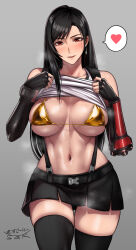 Rule 34 | 1girl, bikini, bikini top only, bikini under clothes, black hair, black skirt, black thighhighs, blush, bracer, breasts, clothes lift, earrings, elbow gloves, final fantasy, final fantasy vii, final fantasy vii remake, fingerless gloves, gloves, gold bikini, grey background, heart, highres, jewelry, large breasts, lifting own clothes, looking at viewer, miniskirt, navel, parted lips, red eyes, sgk, shirt lift, simple background, single earring, skindentation, skirt, solo, spoken heart, stomach, suspender skirt, suspenders, swimsuit, tank top, thighhighs, tifa lockhart, white tank top, zettai ryouiki