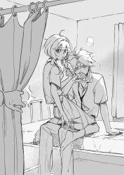 Rule 34 | 1boy, 1girl, bed, blush, caught, curtains, drink, drinking straw, drinking straw in mouth, genshin impact, greyscale, highres, kneeling, looking at viewer, lumine (genshin impact), monochrome, n.s.egg, necktie, no shoes, pants, shirt, sitting, skirt, xiao (genshin impact)