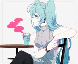 Rule 34 | 1girl, alternate costume, arm support, bare arms, bare shoulders, black legwear, blue eyes, blue hair, border, bracelet, breasts, chair, cup, disposable cup, earrings, eiku, english text, expressionless, eyelashes, eyes visible through hair, fashion, grey background, grey shirt, hatsune miku, heart, jewelry, jitome, long hair, looking back, medium breasts, parted lips, pink border, profile, shaded face, shirt, sidelocks, simple background, sitting, sleeveless, sleeveless shirt, smiley face, solo, steam, striped clothes, striped shirt, table, turtleneck, twintails, upper body, very long hair, vocaloid