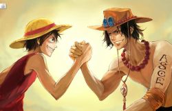 Rule 34 | 2boys, arm wrestle, brothers, hat, jewelry, male focus, monkey d. luffy, multiple boys, necklace, one piece, portgas d. ace, topless male, siblings, smile, smiley, stampede string, straw hat, tattoo, vest