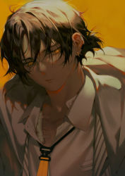 Rule 34 | 1boy, alternate costume, arknights, bandaid, black hair, closed mouth, commentary, ear piercing, earclip, english commentary, hair between eyes, jacket, male focus, manjyufroth, orange background, orange eyes, piercing, ponytail, shirt, short ponytail, simple background, solo, stitched torso, stitches, thorns (arknights), upper body, white shirt