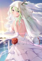 Rule 34 | 1girl, absurdres, alternate costume, antlers, back, backless dress, backless outfit, blush, breasts, bridal veil, ceres fauna, closed mouth, cloud, cloudy sky, commentary, day, dress, elbow gloves, english commentary, flower, from behind, gloves, green hair, hair flower, hair ornament, highres, hololive, hololive english, horns, large breasts, leaf, long hair, looking at viewer, looking back, ocean, red flower, sky, smile, solo, veil, virtual youtuber, wedding dress, white dress, white gloves, wolfgang (paul94104875), yellow eyes