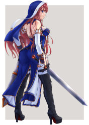 Rule 34 | 1girl, ass, black footwear, black thighhighs, blue eyes, boots, cross-laced footwear, dagger, dress, elbow gloves, gloves, habit, high heel boots, high heels, highres, knife, lace-up boots, long hair, original, red hair, solo, standing, sword, thigh boots, thigh strap, thighhighs, toriatto gununu, weapon, white thighhighs