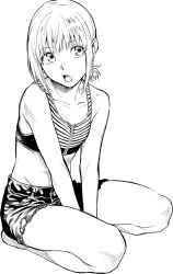 Rule 34 | 1girl, averting eyes, bare shoulders, breasts, collarbone, crop top, greyscale, highres, iro marimo, monochrome, open mouth, original, seiza, short hair, shorts, sidelocks, simple background, sitting, small breasts, solo, teeth, v arms, zipper, zipper pull tab