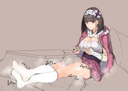 Rule 34 | 1girl, absurdres, between legs, black hair, breasts, brown background, cleavage, commentary request, fate/grand order, fate (series), feet, hair ornament, hairband, highres, jikatarou, kotatsu, large breasts, long hair, no shoes, osakabehime (fate), playing games, scissorhold, sitting, sketch, skirt, smile, socks, solo focus, steam, table, under kotatsu, under table, white legwear