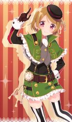 Rule 34 | 10s, 1girl, bad id, bad pixiv id, belt, brown hair, gloves, hat, koizumi hanayo, looking at viewer, love live!, love live! school idol festival, love live! school idol project, pochio xxx, pocket watch, pointing, pointing up, purple eyes, short hair, smile, solo, striped background, striped clothes, striped thighhighs, thighhighs, watch, zettai ryouiki