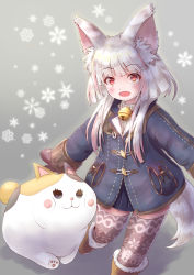 Rule 34 | 1girl, :d, animal ear fluff, animal ears, beige legwear, bell, black thighhighs, blunt ends, blush stickers, boots, brown footwear, calico, cat, coat, cocoasabure, commentary request, duffel coat, final fantasy, final fantasy xiv, fur-trimmed boots, fur boots, fur trim, happy, highres, jacket, jingle bell, lalafell, long sleeves, mittens, open mouth, orange eyes, outstretched arms, pleated skirt, pocket, ribbed sweater, short hair with long locks, silver hair, skirt, sleeve cuffs, smile, snowflake background, snowflakes, solid circle eyes, solo, sweater, tail, thighhighs, turtleneck, turtleneck sweater, warrior of light (ff14), white sweater, winter clothes, winter coat, zettai ryouiki