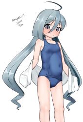 Rule 34 | 1girl, absurdres, ahoge, alternate costume, blue one-piece swimsuit, breasts, covered navel, feet out of frame, grey eyes, grey hair, hair between eyes, highres, holding, holding towel, kantai collection, kiyoshimo (kancolle), long hair, low twintails, maru (marg0613), old school swimsuit, one-hour drawing challenge, one-piece swimsuit, school swimsuit, simple background, small breasts, solo, swimsuit, towel, twintails, very long hair, white background, white towel