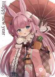 Rule 34 | 1girl, :d, animal ears, blue eyes, blush, carrot, goma (u p), hair ribbon, happy new year, highres, holding, holding carrot, holding umbrella, long hair, long sleeves, new year, open mouth, original, pink hair, rabbit, rabbit ears, rabbit girl, red ribbon, ribbon, simple background, smile, solo, two side up, umbrella, upper body, very long hair, white background, wide sleeves