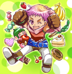 Rule 34 | 1girl, alfa system, banana, belt, cake, candy, chocolate, coda, food, fruit, gloves, hermana larmo, lowres, midriff, open mouth, pantyhose, pink eyes, purple hair, scarf, shoes, short shorts, shorts, strawberry, tales of (series), tales of innocence, wink