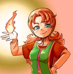 Rule 34 | 1girl, begilt, blue eyes, closed mouth, collarbone, curly hair, dragon quest, dragon quest vii, dress, fire, highres, hood, long hair, looking at viewer, magic, maribel (dq7), smile, solo