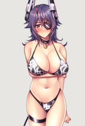 Rule 34 | 1girl, :i, animal print, arm under breasts, bare shoulders, bell, bikini, black choker, black tail, blush, breasts, choker, cleavage, commentary request, cow print, cowbell, eyebrows, eyepatch, fake tail, highleg, highleg bikini, highleg swimsuit, highres, holding own arm, kantai collection, large breasts, long hair, navel, one-eyed, print bikini, purple hair, swimsuit, tail, tenryuu (kancolle), thigh strap, white background, yellow eyes, yuudadou