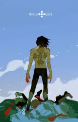 Rule 34 | 1boy, arms at sides, azisaiharumaki56, back, black hair, black pants, blood, blood on hands, blue sky, brush stroke, clear sky, english text, facing away, floating hair, from behind, highres, legs apart, male focus, medium hair, multiple scars, one piece, open hand, pants, people, pile of corpses, rob lucci, scar, scar on back, signature, skinny, sky, smoke, solo focus, standing, toned, toned male, topless male, wide shot, wind