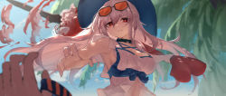 Rule 34 | 1girl, arknights, armpits, bare shoulders, blue sky, breasts, chinese commentary, commentary request, day, eyewear on head, hair between eyes, hat, head tilt, highres, long hair, looking at viewer, mag (mag42), medium breasts, official alternate costume, pov, red eyes, silver hair, skadi (arknights), skadi (waverider) (arknights), sky, solo focus, sunglasses, upper body