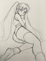 Rule 34 | 1girl, ass, athletic leotard, boots, breasts, from behind, legs, leotard, long hair, looking at viewer, looking back, lying, monochrome, nanao futaba, numan athletics, on side, sharon les halles, sketch, solo, thighhighs, thighs, twintails