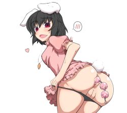 Rule 34 | 1girl, anal, anal beads, anal object insertion, animal ears, anus, ass, ass support, bent over, black hair, black panties, blush, carrot, carrot necklace, dress, from behind, heart, inaba tewi, jewelry, jikai, looking back, necklace, object insertion, open mouth, panties, panty pull, pendant, pussy, rabbit ears, rabbit girl, rabbit tail, red eyes, sex toy, short hair, solo, tail, touhou, transparent background, uncensored, underwear, white background