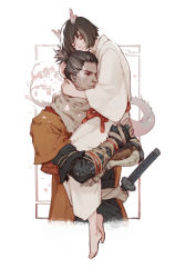 Rule 34 | 2boys, absurdres, arms around neck, barefoot, black hair, coat, commentary request, cropped torso, dragon boy, dragon horns, dragon tail, closed eyes, grey hair, hand on another&#039;s head, hand on another&#039;s hip, highres, holding, horns, hug, japanese clothes, katana, kimono, kuro the divine heir, layered sleeves, long sleeves, male focus, multiple boys, orange coat, prosthesis, prosthetic arm, scarf, sekiro, sekiro: shadows die twice, sheath, short hair, short sleeves, smile, sword, tail, topknot, vetania, weapon, white background, white kimono, wide sleeves, yaoi
