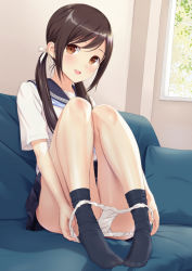 Rule 34 | 1girl, black neckerchief, black skirt, black socks, blush, brown eyes, brown hair, convenient censoring, couch, hair ribbon, indoors, long hair, looking at viewer, low twintails, n.g., neckerchief, on couch, open mouth, original, panties, panty pull, pleated skirt, ribbon, sailor collar, school uniform, serafuku, shirt, short sleeves, sitting, skirt, smile, socks, solo, swept bangs, thighs, twintails, underwear, undressing, white panties, white shirt, window