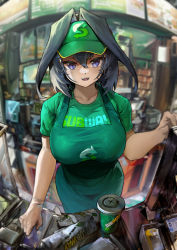 Rule 34 | 1girl, :d, absurdres, alternate costume, apron, black hair, blue eyes, breasts, cup, disposable cup, food, green apron, green shirt, hair intakes, highres, hololive, hololive english, indoors, large breasts, looking at viewer, menu board, open mouth, ouro kronii, parted lips, sandwich, shirt, short hair, smile, solo, subway (company), uniform, virtual youtuber, visor cap, vyragami