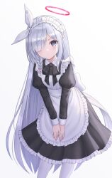 Rule 34 | 1girl, absurdres, alternate costume, apron, back bow, black dress, black eyes, blue archive, bow, braid, dress, enmaided, frilled dress, frills, grey hair, hair over one eye, halo, highres, long hair, long sleeves, looking at viewer, maid, maid apron, maid headdress, pantyhose, plana (blue archive), red pupils, seungju lee, simple background, solo, standing, very long hair, white apron, white bow, white pantyhose