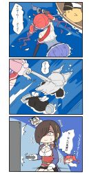 Rule 34 | 3girls, 3koma, afloat, ahoge, animal ears, ark royal (azur lane), azur lane, back, bare shoulders, bird, black hair, blue eyes, boat, breasts, cat ears, chick, cleavage, comic, commentary request, controller, ghost, gloves, hair over one eye, hammann (azur lane), hat, highres, hm (hmongt), holding, jacket, laffey (azur lane), long hair, machinery, manjuu (azur lane), multiple girls, out of frame, peaked cap, pleated skirt, pulling, pulling another&#039;s clothes, red hair, remote control, san diego (azur lane), silver hair, skirt, sweat, television, thighhighs, translation request, twintails, watching television, watercraft, wavy mouth, white gloves, zettai ryouiki