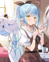 Rule 34 | 1girl, ahoge, akamoku, applying makeup, black bow, black ribbon, blue hair, blush, bow, bracelet, brown dress, commentary request, compact (cosmetics), cosmetics, curtains, daifuku (yukihana lamy), dress, elf, hair ornament, hair ribbon, heart, heart ahoge, highres, holding, holding lipstick tube, hololive, indoors, jewelry, lipstick tube, multicolored hair, nail polish, nail polish bottle, necklace, official alternate costume, parted lips, pink nails, pointy ears, ponytail, puffy short sleeves, puffy sleeves, red hair, ribbon, short sleeves, sidelocks, solo, streaked hair, twitter username, virtual youtuber, window, x hair ornament, yellow eyes, yukihana lamy, yukimin (yukihana lamy)