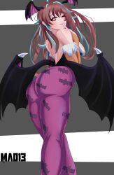 Rule 34 | 1girl, absurdres, animal print, artist name, ass, ass focus, back, backless leotard, bare shoulders, bat print, bat wings, black leotard, blue hair, breasts, brown hair, closed mouth, cosplay, dot nose, elbow gloves, emikukis (vtuber), eyebrows, eyelashes, fang, feet out of frame, female focus, finger to mouth, finger to own mouth, fingerless gloves, from behind, from below, fur-trimmed leotard, fur trim, gloves, grey background, hand up, head wings, highres, huge ass, index finger raised, indie virtual youtuber, large breasts, leotard, light blue hair, long hair, looking at viewer, looking back, looking down, low wings, mao13, morrigan aensland, morrigan aensland (cosplay), multicolored hair, naughty face, one eye closed, orange gloves, pantyhose, pink pantyhose, print pantyhose, simple background, smile, solo, standing, strapless, strapless leotard, two-tone background, two-tone hair, two-tone leotard, virtual youtuber, white background, white leotard, wings