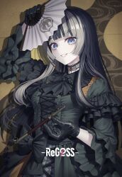 Rule 34 | 1girl, black gloves, black hair, blue eyes, blunt bangs, breasts, choker, dress, gloves, gothic lolita, grey hair, highres, hololive, hololive dev is, juufuutei raden, lace, lace choker, lolita fashion, long hair, looking at viewer, medium breasts, midori matsukaze, multicolored hair, regloss, smile, solo, streaked hair, two-tone hair, upper body, virtual youtuber