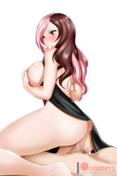 Rule 34 | 1boy, 1girl, :o, ass, blush, breasts, brown hair, buttjob, censored, covering nipples, covering privates, dress, erection, feet, girl on top, heterochromia, highres, kimmy77, large breasts, looking at viewer, multicolored hair, neo politan, nipples, no panties, open mouth, patreon username, penis, pink eyes, pink hair, pov, rwby, sleeveless, sleeveless dress, two-tone hair