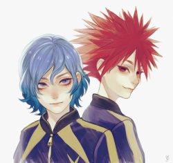 Rule 34 | 2boys, blue eyes, blue hair, closed mouth, commentary request, grey background, highres, inazuma eleven (series), inazuma eleven ares no tenbin, looking at viewer, looking back, male focus, mizukamiya seiryuu, multiple boys, murasaki (fioletovyy), red eyes, red hair, sasotsuka eiji, signature, simple background, smile, spiked hair, uniform, zipper