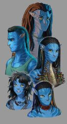 Rule 34 | 2girls, 3boys, absurdres, alien, avatar: the way of water, black hair, blue skin, colored skin, cropped torso, highres, jake sully, james cameron&#039;s avatar, james cameron's avatar, jay kuro, jewelry, kiri (avatar), long hair, miles quaritch, multiple boys, multiple girls, na&#039;vi, necklace, netayam, neytiri, pointy ears, simple background, tank top, yellow eyes