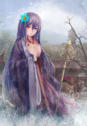 Rule 34 | 1girl, absurdres, alternate costume, bird, breasts, building, cleavage, female focus, flower, hair flower, hair ornament, highres, hijiri byakuren, japanese clothes, jewelry, large breasts, light smile, long hair, long sleeves, looking at viewer, mag (huangmag), necklace, polearm, purple hair, revision, smile, solo, tattoo, touhou, tower, very long hair, weapon, wide sleeves, yellow eyes