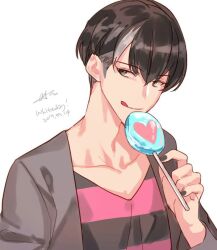 Rule 34 | 1boy, black hair, black shirt, brown jacket, candy, food, jacket, long hair, looking at viewer, multicolored hair, noblesse, pink shirt, purple eyes, shirt, simple background, smile, tao (noblesse), two-tone hair, two-tone shirt, white background, white hair, whyteddy