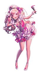 Rule 34 | breasts, cleavage, destiny child, dress, fishnets, frilled dress, frills, hair ribbon, hat, heart, looking at viewer, mars (destiny child), microphone, necktie, purple eyes, purple hair, ribbon, sailor hat, salute, small breasts, tagme, transparent background, twintails, white dress