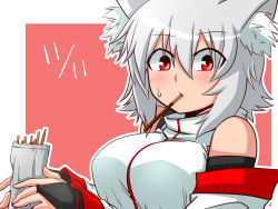 Rule 34 | 1girl, animal ears, bad id, bad pixiv id, bare shoulders, blush, breasts, dated, detached sleeves, eating, fingerless gloves, food, food in mouth, gloves, inubashiri momiji, large breasts, looking at viewer, outside border, pocky, pocky day, red eyes, short hair, silver hair, solo, sumiya nadateru, touhou, wolf ears