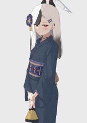 Rule 34 | 1girl, absurdres, black choker, black hair, black horns, blue archive, blue kimono, breasts, bright pupils, choker, closed mouth, commentary request, cowboy shot, earclip, flower, gradient hair, grey hair, grey halo, hair flower, hair ornament, hair tie, halo, highres, holding, horns, itsufumi, japanese clothes, kayoko (blue archive), kayoko (new year) (blue archive), kimono, long hair, long sleeves, looking at viewer, multicolored hair, obi, official alternate costume, own hands together, red eyes, sash, simple background, small breasts, solo, standing, streaked hair, white background, white hair, white pupils
