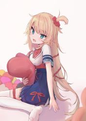 Rule 34 | 1girl, akai haato, akai haato (1st costume), bad id, bad twitter id, blonde hair, blue eyes, blue skirt, blush, breasts, commentary, full body, grey background, hair ornament, hair ribbon, heart, heart hair ornament, heart-shaped pillow, high-waist skirt, highres, holding, holding pillow, hololive, hota k, long hair, looking at viewer, medium breasts, miniskirt, neck ribbon, open mouth, pillow, pleated skirt, red ribbon, ribbon, shirt, short sidetail, short sleeves, simple background, sitting, skirt, solo, thigh strap, thighhighs, virtual youtuber, wariza, white shirt, white thighhighs