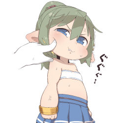 Rule 34 | 1girl, anger vein, blue skirt, cheek poking, commentary request, cowboy shot, dot nose, flat chest, granblue fantasy, green hair, hair between eyes, jaggy lines, long hair, looking at viewer, midriff, mimlememel, omiya (louise-louis-lucille), parted lips, pleated skirt, pointy ears, poking, sidelocks, simple background, skirt, solo focus, sweat, tareme, thick arms, translation request, white background