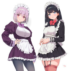 Rule 34 | 10s, 2girls, alternate costume, apron, black dress, black hair, blue eyes, blush, bow, bowtie, breasts, closed mouth, dress, enmaided, framed breasts, frills, garter straps, gridman universe, hand on own hip, juliet sleeves, large breasts, light purple hair, long hair, long sleeves, looking at viewer, maid, maid headdress, multiple girls, pantyhose, puffy sleeves, purple bow, purple dress, red bow, red eyes, red legwear, shinjou akane, short hair, simple background, skindentation, small breasts, smile, ssss.gridman, takarada rikka, thighhighs, thighs, underbust, waist apron, white background, yd (orange maru)