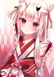 Rule 34 | 1girl, absurdres, blush, commentary request, highres, hololive, horns, junineu, long hair, long sleeves, looking at viewer, nakiri ayame, nakiri ayame (shrine maiden), nontraditional miko, parted lips, pink background, pink hair, red eyes, ribbon-trimmed sleeves, ribbon trim, skin-covered horns, sleeves past wrists, solo, upper body, virtual youtuber, wide sleeves, yagasuri