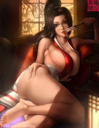 Rule 34 | 1girl, barefoot, breasts, brown eyes, brown hair, cleavage, folded fan, couch, fatal fury, folding fan, hand fan, hand on own hip, high ponytail, holding, holding fan, japanese clothes, large breasts, leaf, limgae, looking at viewer, lying, ninja, on side, patreon username, pelvic curtain, pillow, ponytail, realistic, revealing clothes, shiranui mai, sideboob, snk, solo, the king of fighters, underboob, window