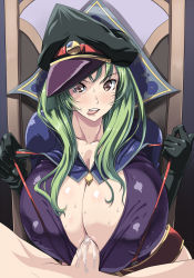 Rule 34 | 10s, 1girl, :p, blush, breasts, brown eyes, censored, cleavage, cum, ejaculation, face, gigantic breasts, gloves, green hair, hat, highres, huge breasts, kloah, long hair, mask, mosaic censoring, cum overflow, paizuri, paizuri under clothes, penis, perpendicular paizuri, pov, solo focus, star driver, strap lift, suspenders, sweat, tongue, tongue out, watanabe kanako