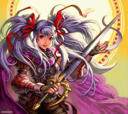 Rule 34 | 1girl, arina nary, armor, bridal gauntlets, cape, hair ornament, lips, long hair, silver hair, solo, sword, twintails, weapon
