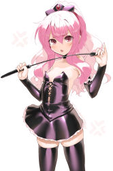Rule 34 | 1girl, :o, akazawa red, bare shoulders, black choker, black skirt, black thighhighs, blush, bow, breasts, choker, collarbone, commentary request, corset, cowboy shot, detached sleeves, dominatrix, dress, hair between eyes, hair bow, hands up, high ponytail, holding, holding riding crop, long hair, looking at viewer, louise francoise le blanc de la valliere, open mouth, pink eyes, pink hair, ponytail, riding crop, simple background, skirt, small breasts, solo, strapless, strapless dress, thighhighs, whip, white background, zero no tsukaima, zettai ryouiki