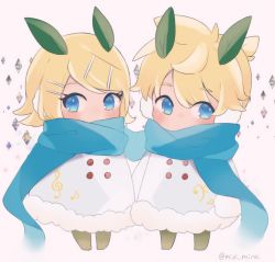 Rule 34 | 1boy, 1girl, bass clef, beamed eighth notes, blonde hair, blue eyes, blue scarf, blush, bow, brother and sister, buttons, chibi, coat, commentary, diamond (shape), earmuffs, eighth note, fur-trimmed coat, fur trim, hair bow, highres, kagamine len, kagamine rin, leaf, leaf on head, mipi, musical note, musical note print, one-hour drawing challenge, scarf, short hair, short ponytail, siblings, side-by-side, snow rabbit, spiked hair, swept bangs, treble clef, twins, twitter username, vocaloid, white coat