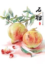Rule 34 | absurdres, branch, chinese text, english text, food, food focus, fruit, fruit focus, highres, mixed-language text, no humans, original, painting (medium), pomegranate, procreate (medium), shiqiao shuicai, still life, traditional media, watercolor (medium)