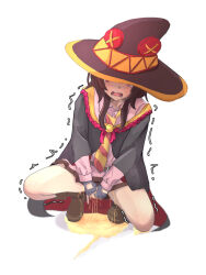 Rule 34 | 1girl, abura-kou, between legs, black cloak, blush, boots, brown footwear, brown hair, brown skirt, buttons, cloak, collared shirt, covered eyes, crying, embarrassed, female focus, fingerless gloves, flat chest, gloves, hand between legs, hat, have to pee, kono subarashii sekai ni shukufuku wo!, long sleeves, medium hair, megumin, miniskirt, multicolored clothes, multicolored hat, necktie, on one knee, open mouth, own hands together, pee, peeing, peeing self, pink shirt, puddle, shirt, sidelocks, simple background, skirt, solo, spread legs, striped necktie, tears, teeth, thighs, tongue, trembling, two-sided cloak, two-sided fabric, two-tone necktie, v arms, wet, wet clothes, white background, witch hat