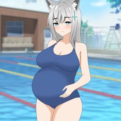 Rule 34 | 1girl, blue archive, blue eyes, blue sky, blush, breasts, cleavage, grey hair, highres, large breasts, long hair, one-piece swimsuit, pool, pregnant, school uniform, shiroko (blue archive), sky, smile, solo, standing, swimsuit, tagme