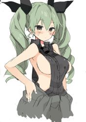 Rule 34 | 10s, 1girl, anchovy (girls und panzer), araki kanao, blush, breasts, drill hair, girls und panzer, green hair, hair ribbon, large breasts, long hair, red eyes, ribbon, sideboob, simple background, sketch, solo, twin drills, white background